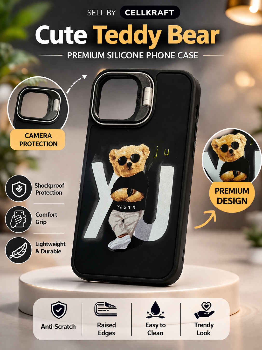 Premium Teddy Bear Printed Silicone Phone Case | Stylish Camera Protection Cover