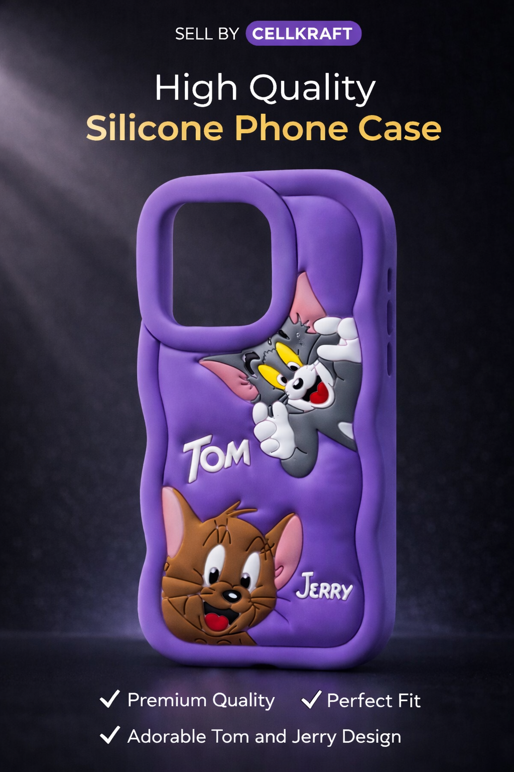 Tom & Jerry 3D Cartoon Silicone Phone Cover | Cute Purple Designer Back Case | Shockproof Soft Mobile Cover
