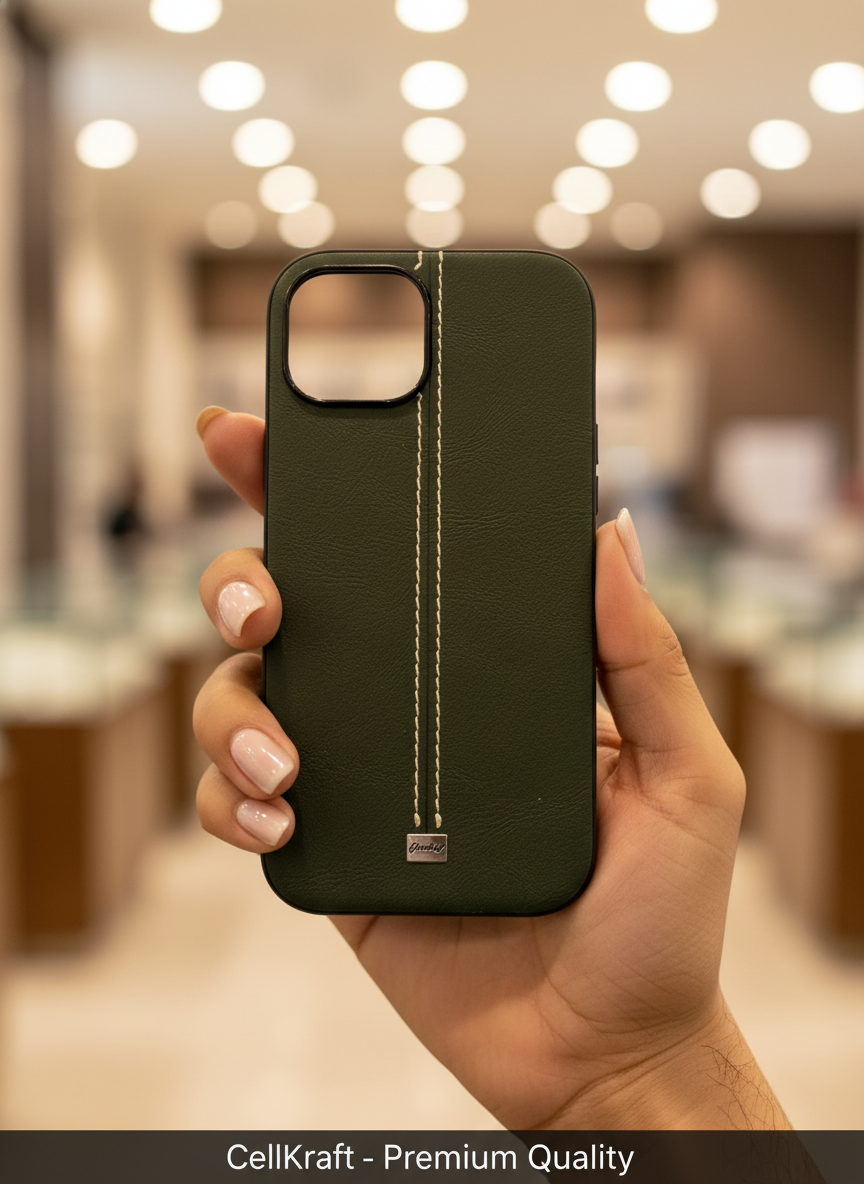 iPhone 14- CellKraft Premium Olive Leather Stitch iPhone Case