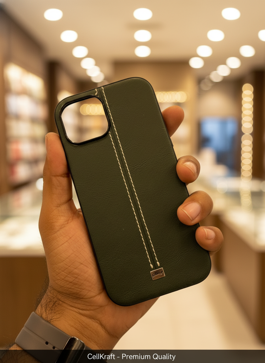 iPhone 14- CellKraft Premium Olive Leather Stitch iPhone Case